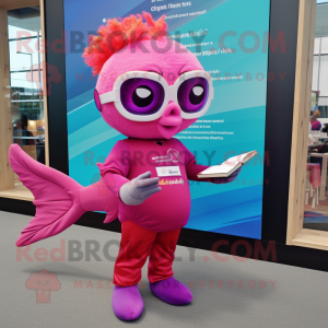 Magenta Goldfish mascot costume character dressed with a Romper and Reading glasses