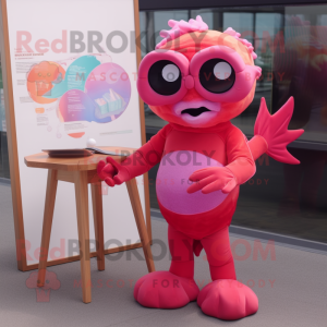 Magenta Goldfish mascot costume character dressed with a Romper and Reading glasses