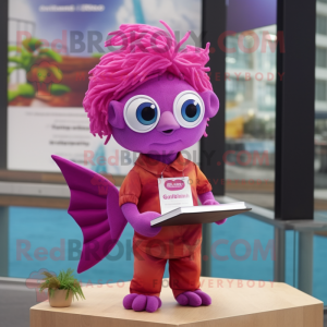 Magenta Goldfish mascot costume character dressed with a Romper and Reading glasses