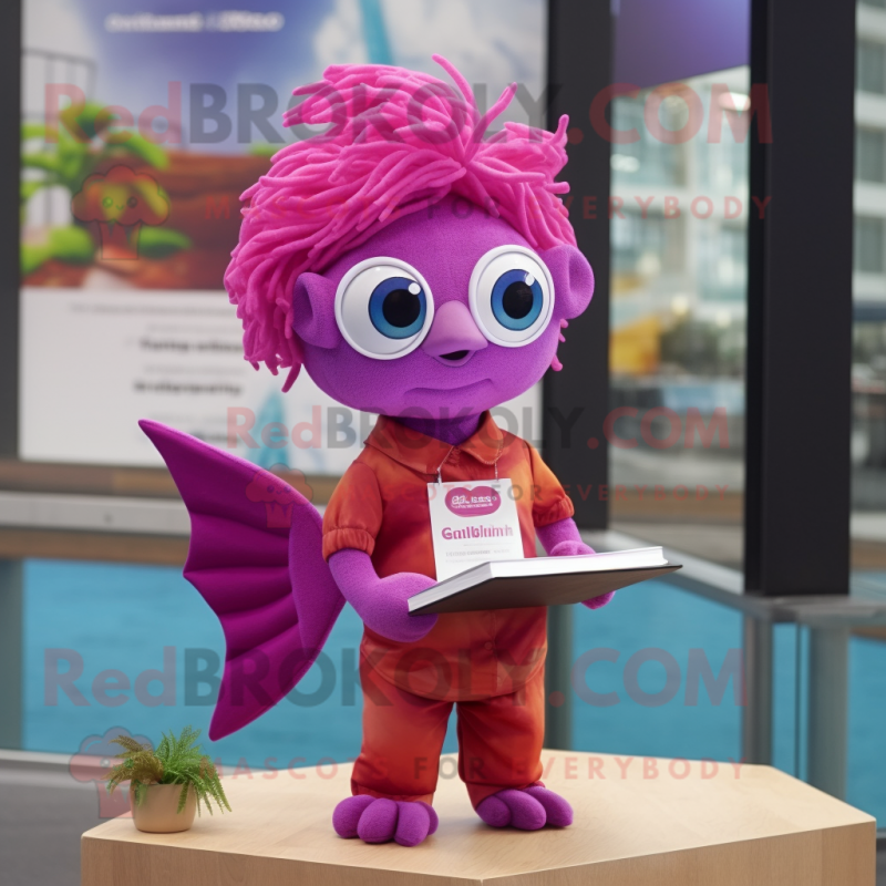 Magenta Goldfish mascot costume character dressed with a Romper and Reading glasses Magenta Goldfish mascot costume character dressed with a Romper and Reading glasses