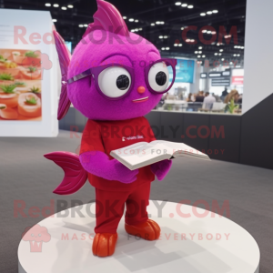 Magenta Goldfish mascot costume character dressed with a Romper and Reading glasses