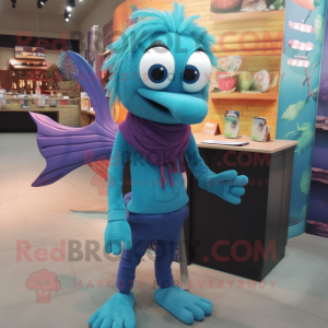 Teal Betta Fish mascot costume character dressed with a Sweater and Bracelets