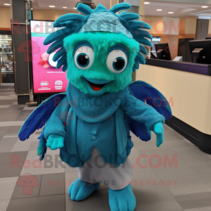 Teal Betta Fish mascot costume character dressed with a Sweater and Bracelets