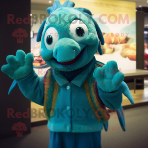 Teal Betta Fish mascot costume character dressed with a Sweater and Bracelets