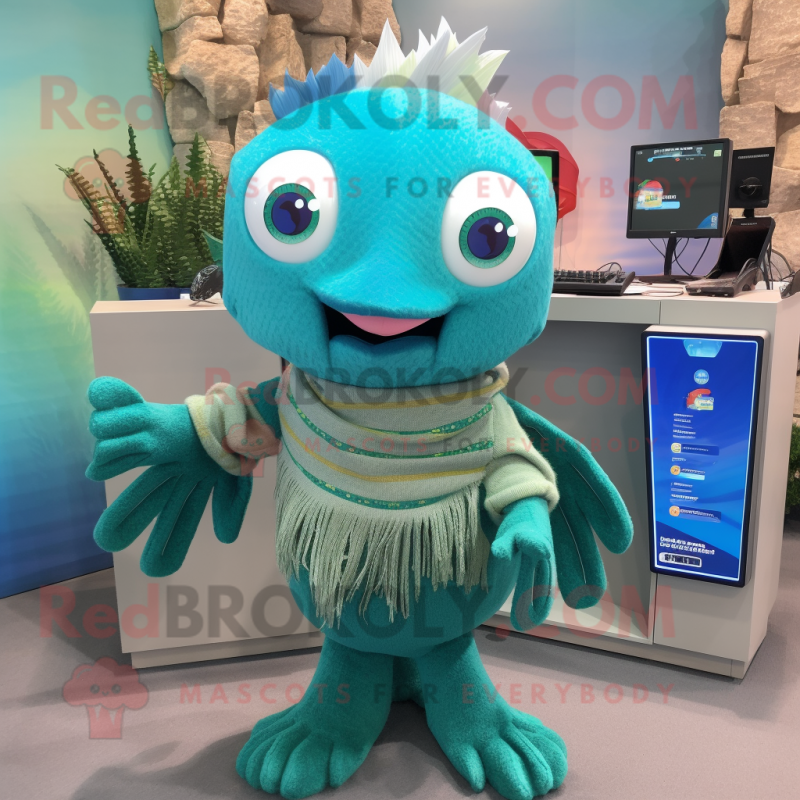 Teal Betta Fish mascot costume character dressed with a Sweater and Bracelets