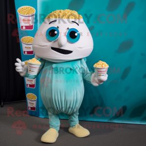 Teal Pop Corn mascot costume character dressed with a Yoga Pants and Coin purses
