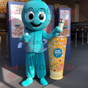 Teal Pop Corn mascot costume character dressed with a Yoga Pants and Coin purses