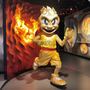 Gold Fire Eater mascot costume character dressed with a Running Shorts and Handbags