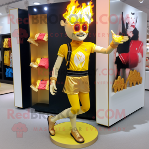 Gold Fire Eater mascot costume character dressed with a Running Shorts and Handbags