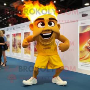 Gold Fire Eater mascot costume character dressed with a Running Shorts and Handbags
