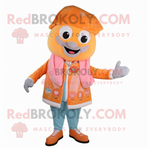 Peach Pizza mascot costume character dressed with a Jacket and Scarves