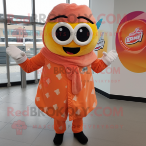 Peach Pizza mascot costume character dressed with a Jacket and Scarves