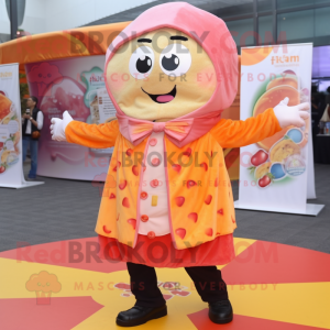 Peach Pizza mascot costume character dressed with a Jacket and Scarves