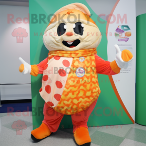 Peach Pizza mascot costume character dressed with a Jacket and Scarves