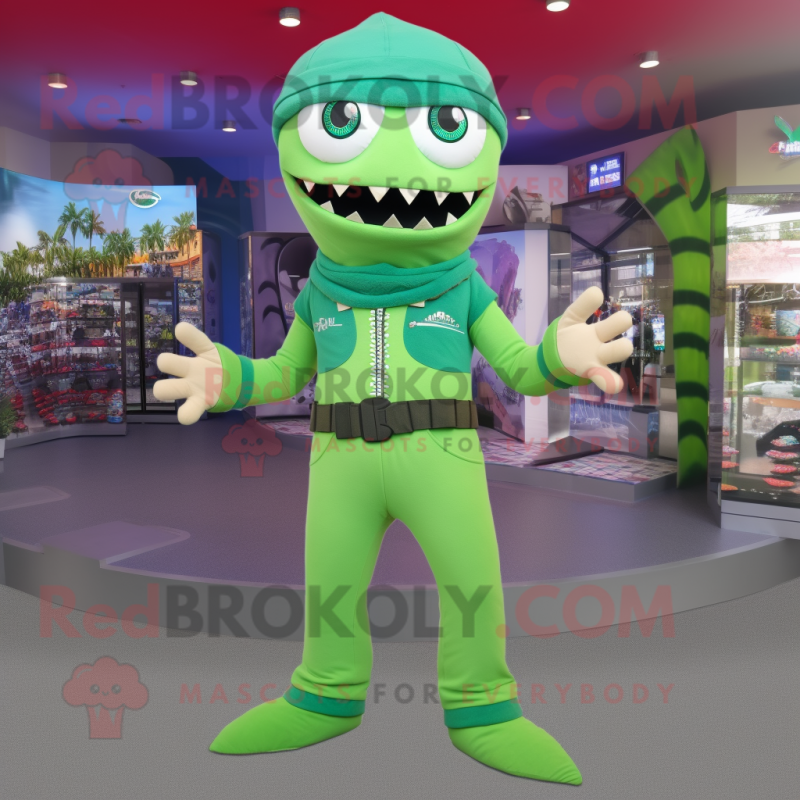 Green Barracuda mascot costume character dressed with a Leggings and Belts