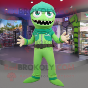 Green Barracuda mascot costume character dressed with a Leggings and Belts