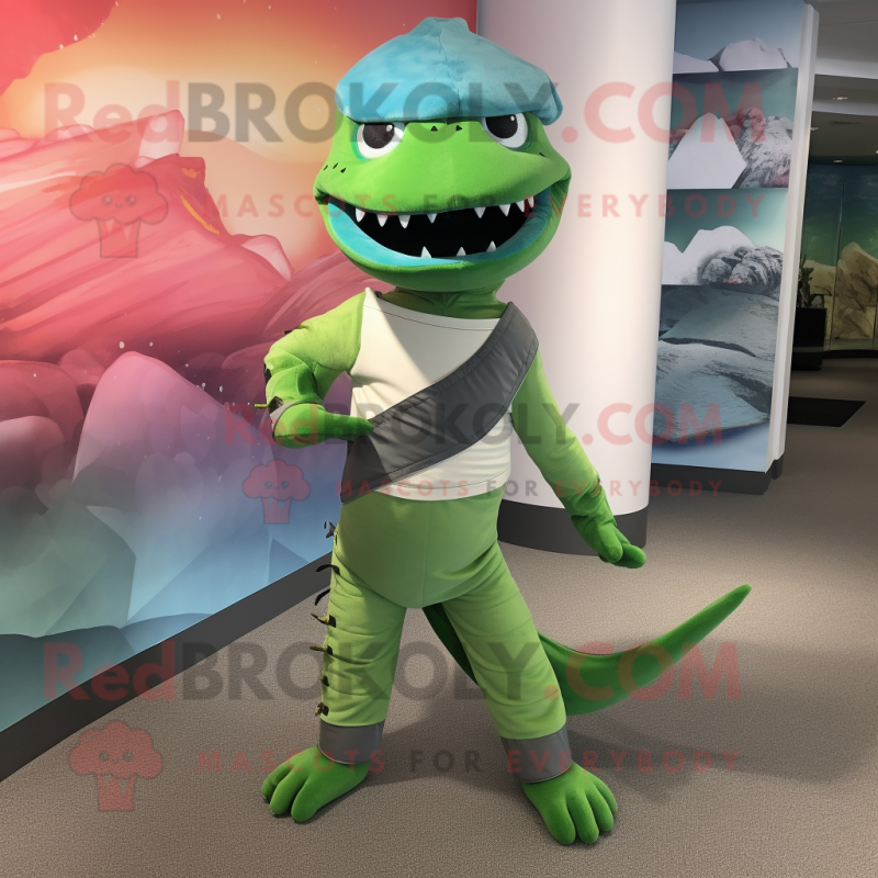 Green Barracuda mascot costume character dressed with a Leggings and Belts