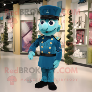 Teal Navy Soldier mascot costume character dressed with a Sheath Dress and Bow ties