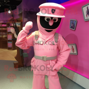 Pink Army Soldier mascot costume character dressed with a Shorts and Hat pins