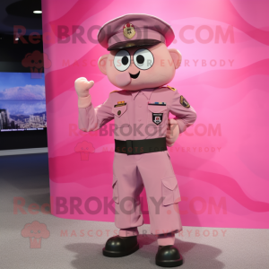 Pink Army Soldier mascot costume character dressed with a Shorts and Hat pins