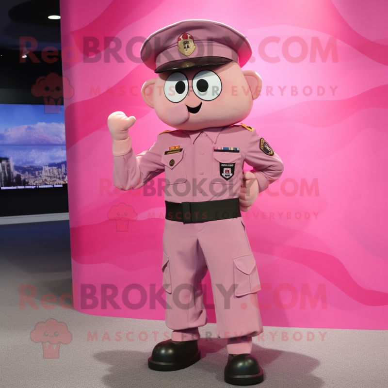 Pink Army Soldier mascot costume character dressed with a Shorts and Hat pins Pink Army Soldier mascot costume character dressed with a Shorts and Hat pins