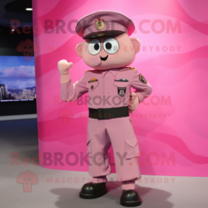 Pink Army Soldier mascot costume character dressed with a Shorts and Hat pins