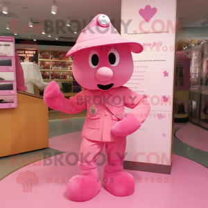 Pink Army Soldier mascot costume character dressed with a Shorts and Hat pins