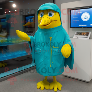 Turquoise Canary mascot costume character dressed with a Raincoat and Digital watches