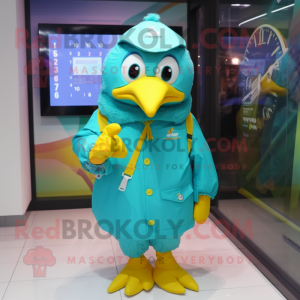 Turquoise Canary mascot costume character dressed with a Raincoat and Digital watches
