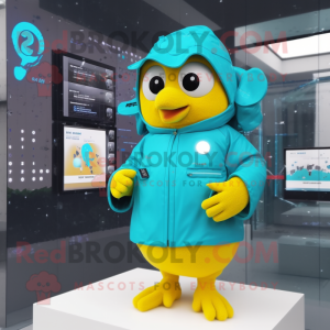 Turquoise Canary mascot costume character dressed with a Raincoat and Digital watches