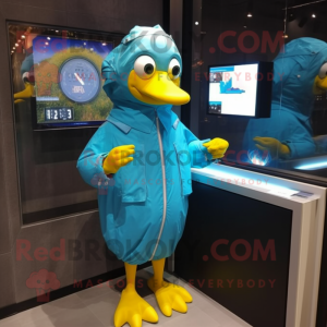 Turquoise Canary mascot costume character dressed with a Raincoat and Digital watches