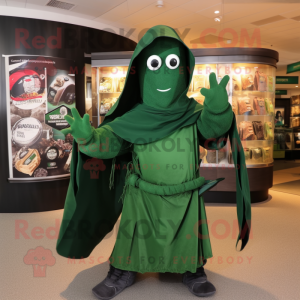 Forest Green Knife Thrower mascot costume character dressed with a Raincoat and Shawls