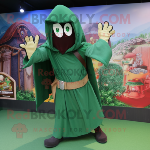 Forest Green Knife Thrower mascot costume character dressed with a Raincoat and Shawls