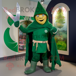 Forest Green Knife Thrower mascot costume character dressed with a Raincoat and Shawls