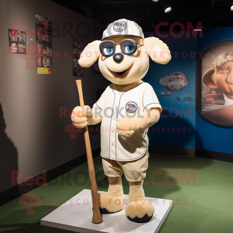 Beige Sheep mascot costume character dressed with a Baseball Tee and Eyeglasses
