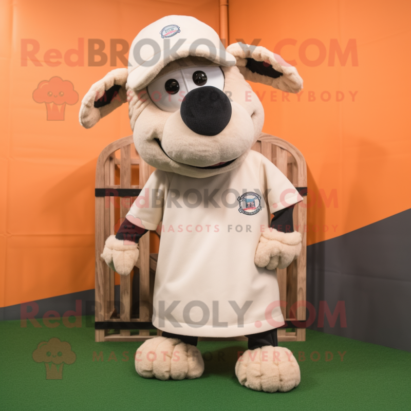 Beige Sheep mascot costume character dressed with a Baseball Tee and Eyeglasses