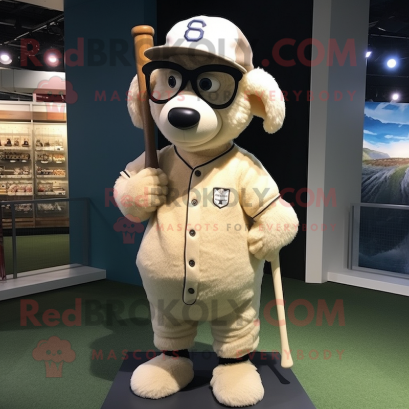 Beige Sheep mascot costume character dressed with a Baseball Tee and Eyeglasses Beige Sheep mascot costume character dressed with a Baseball Tee and Eyeglasses