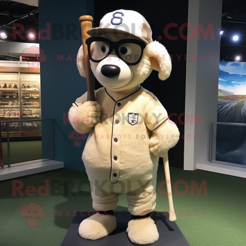 Beige Sheep mascot costume character dressed with a Baseball Tee and Eyeglasses