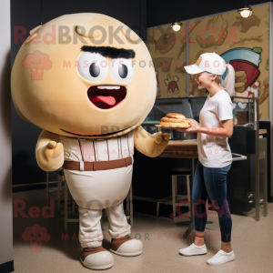 Tan Burgers mascot costume character dressed with a Baseball Tee and Earrings