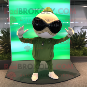 Olive Swan mascot costume character dressed with a Bodysuit and Sunglasses