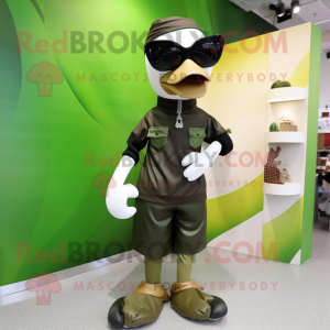 Olive Swan mascot costume character dressed with a Bodysuit and Sunglasses