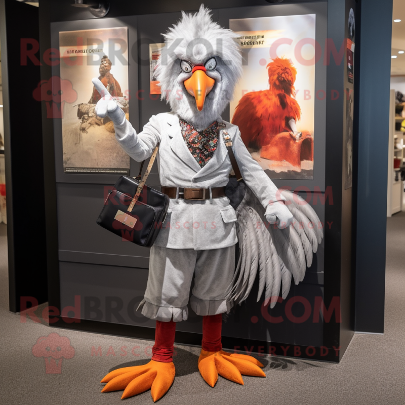 Silver Roosters mascot costume character dressed with a Corduroy Pants and Handbags