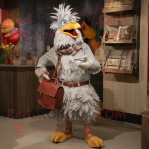 Silver Roosters mascot costume character dressed with a Corduroy Pants and Handbags