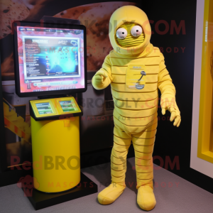 Lemon Yellow Mummy mascot costume character dressed with a Romper and Digital watches