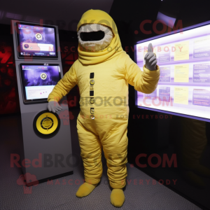 Lemon Yellow Mummy mascot costume character dressed with a Romper and Digital watches