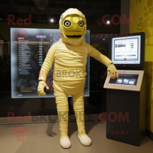 Lemon Yellow Mummy mascot costume character dressed with a Romper and Digital watches
