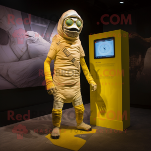 Lemon Yellow Mummy mascot costume character dressed with a Romper and Digital watches