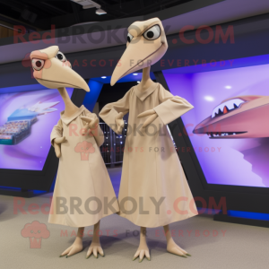 Beige Pterodactyl mascot costume character dressed with a Mini Dress and Ties