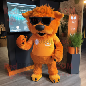 Orange Woolly Rhinoceros mascot costume character dressed with a Leggings and Sunglasses