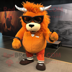 Orange Woolly Rhinoceros mascot costume character dressed with a Leggings and Sunglasses